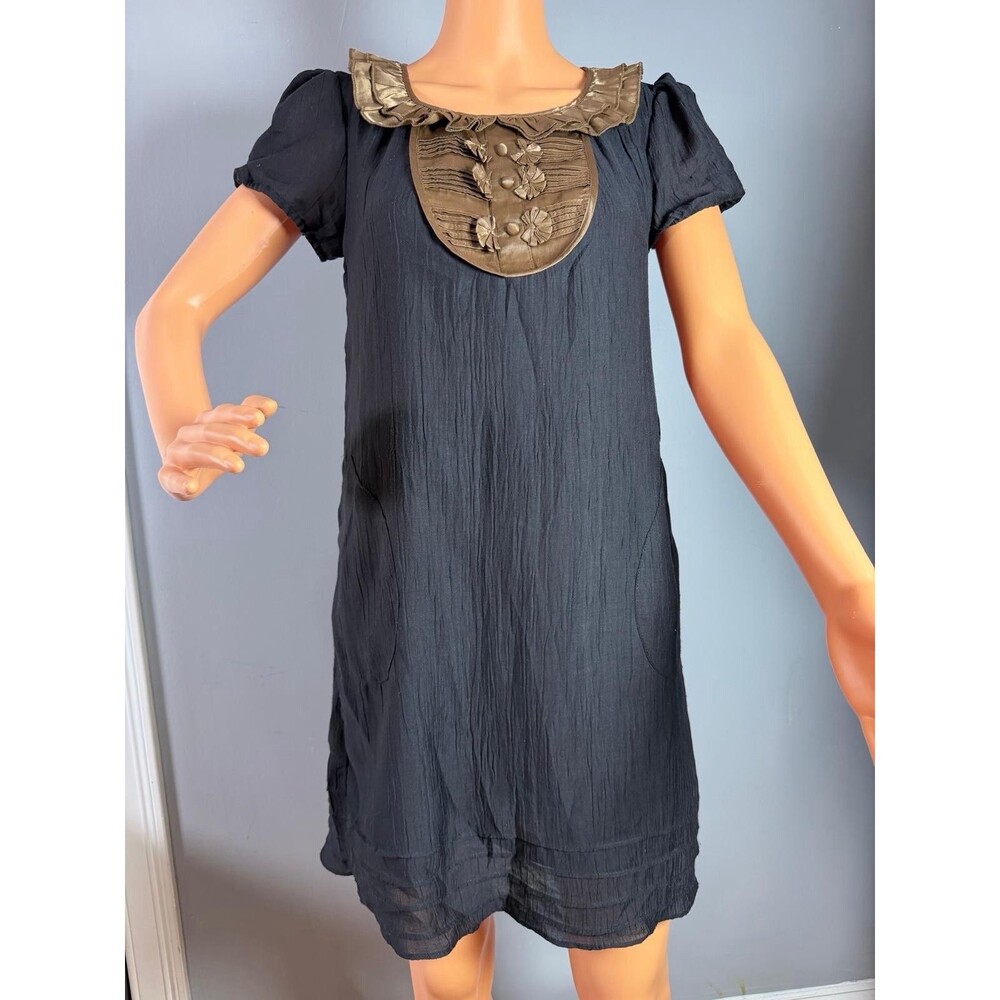 THEME Shift Dress Small NWT Black Brown Ruffled Pleated Bib Short Sleeve Pocket.
